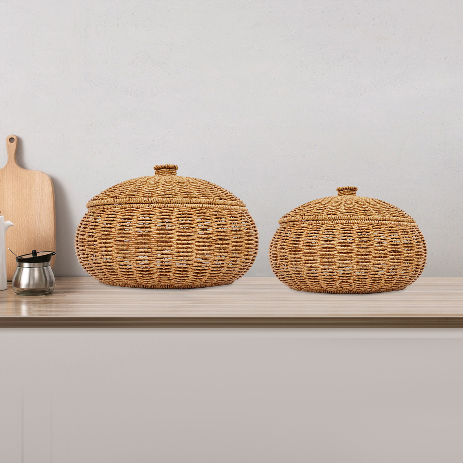 2PCS Vintage Farmhouse Round Hand Woven Storage Basket with Lids for Home