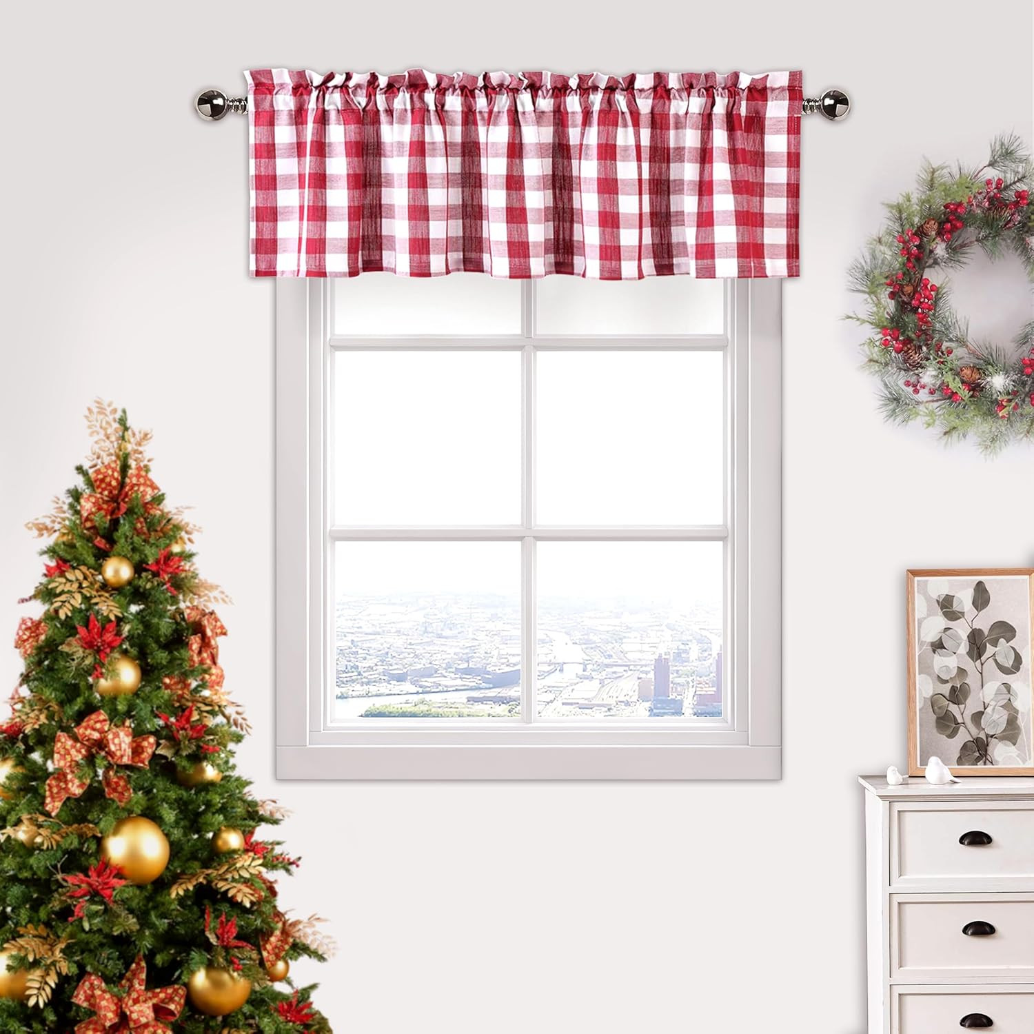 Red White Buffalo Valance Linen Sheer Cafe Curtain Buffalo Check Rod Pocket Ru