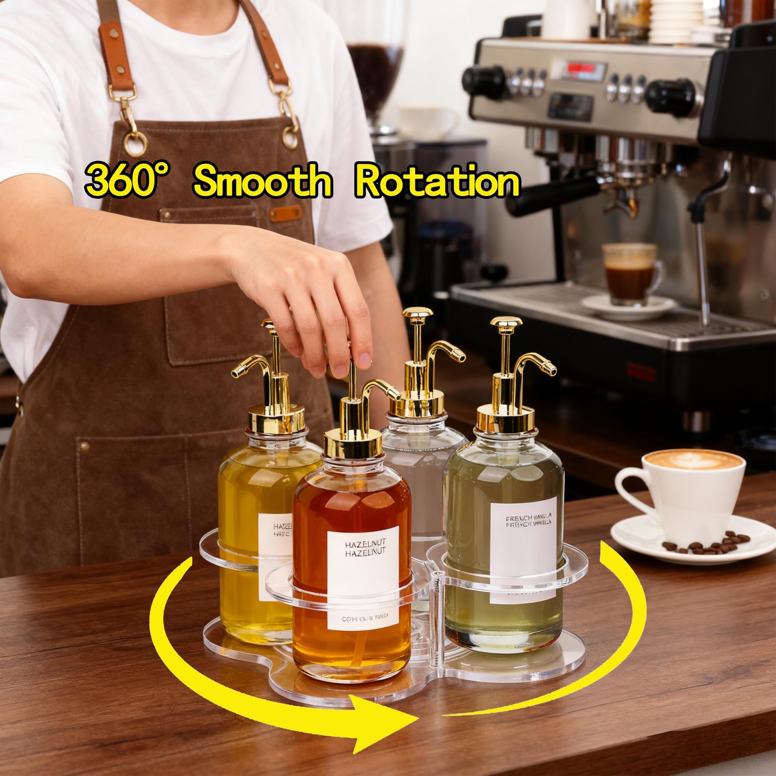 Acrylic Syrup Dispenser Organizer, 360°Rotating Storage Rack for 4 Bottles,Cl…