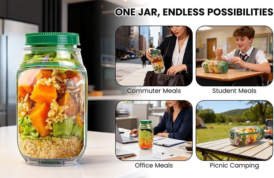 [LOT OF 2, NEW] Mason Salad Jar w/ Leakproof Dressing Compartment, Side Opening