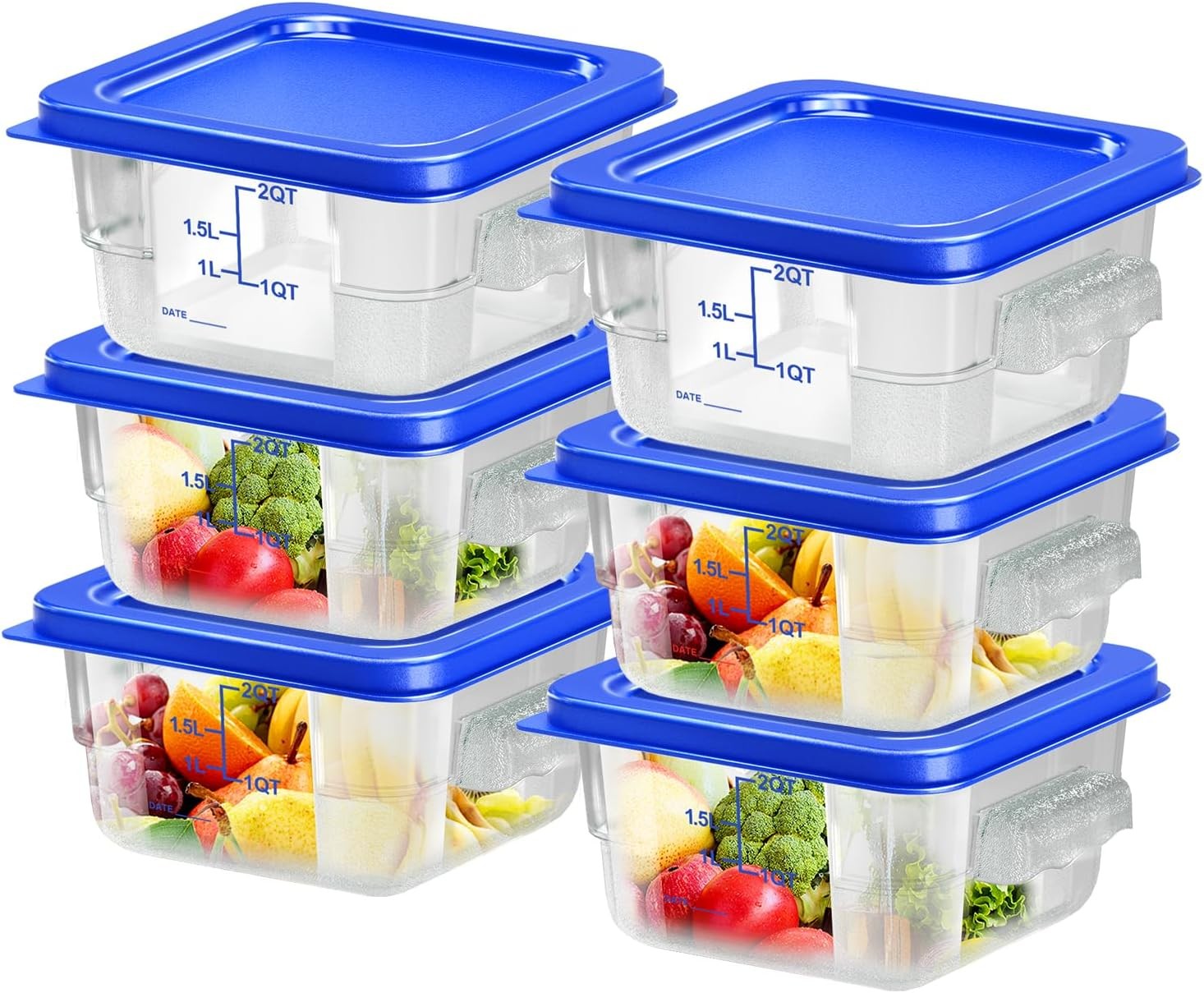 6 pcs 2qt Food Storage Containers W/ Lid Square Clear Commercial Food Storage