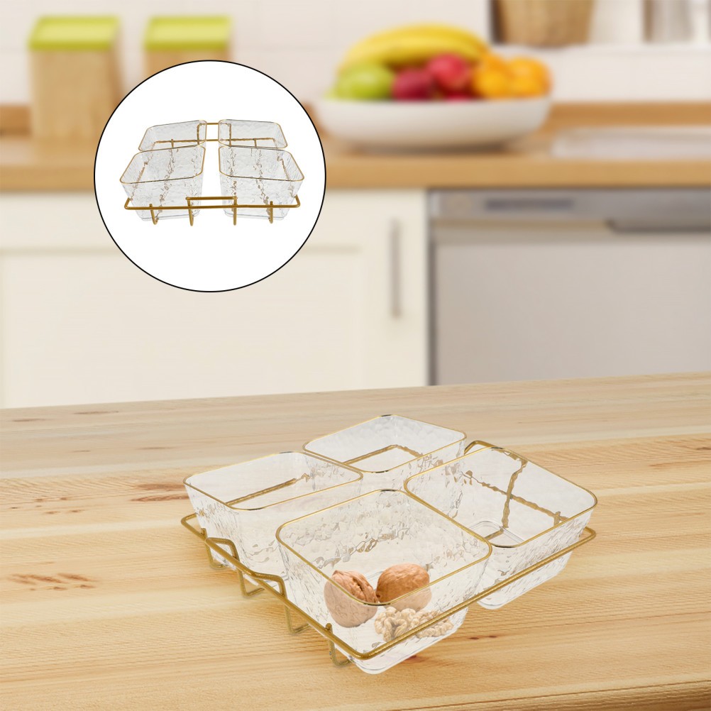 Four Compartment Clear Acrylic Snack Tray Bowl With Metal Rack For Serving
