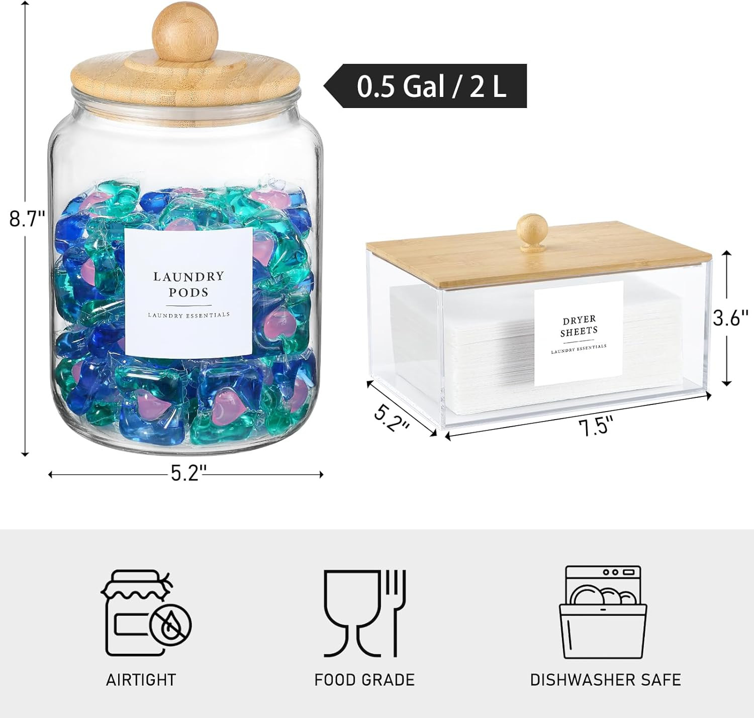 Glass Jars and Dryer Sheet Holder with Bamboo Lids, Dispenser Set and Labels, Co