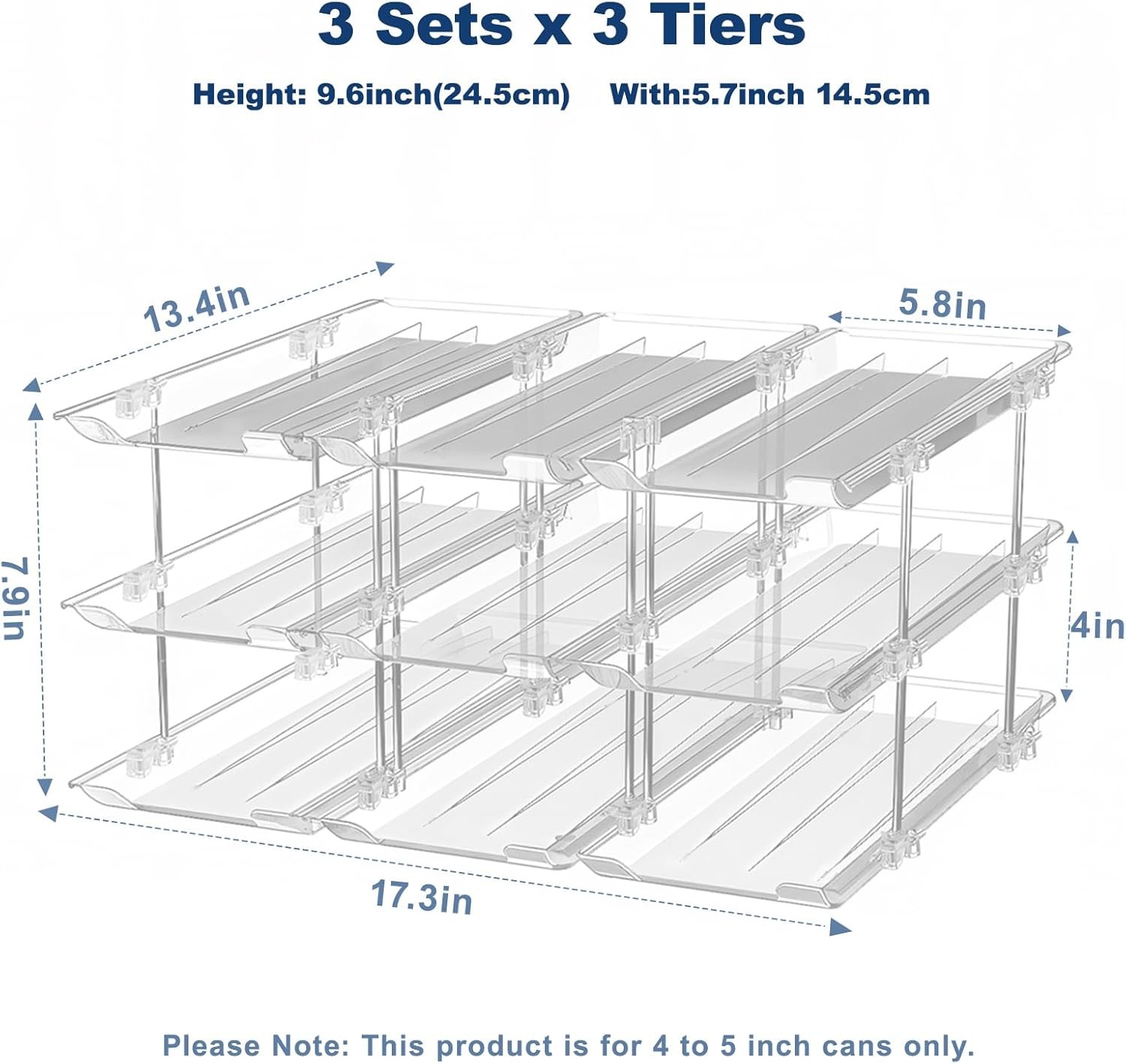 3 *3 Tiers Pantry Organizers Automatic Rolling Stackable Canned Organizer, Clear
