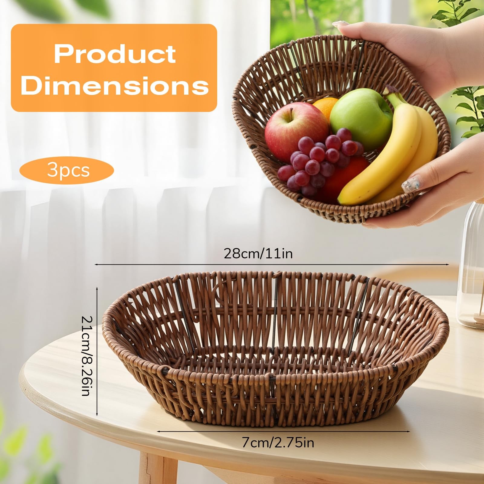 3 PCS Wicker Bread Basket 11 Inch Woven Food Serving Storage Bins For Kitchen