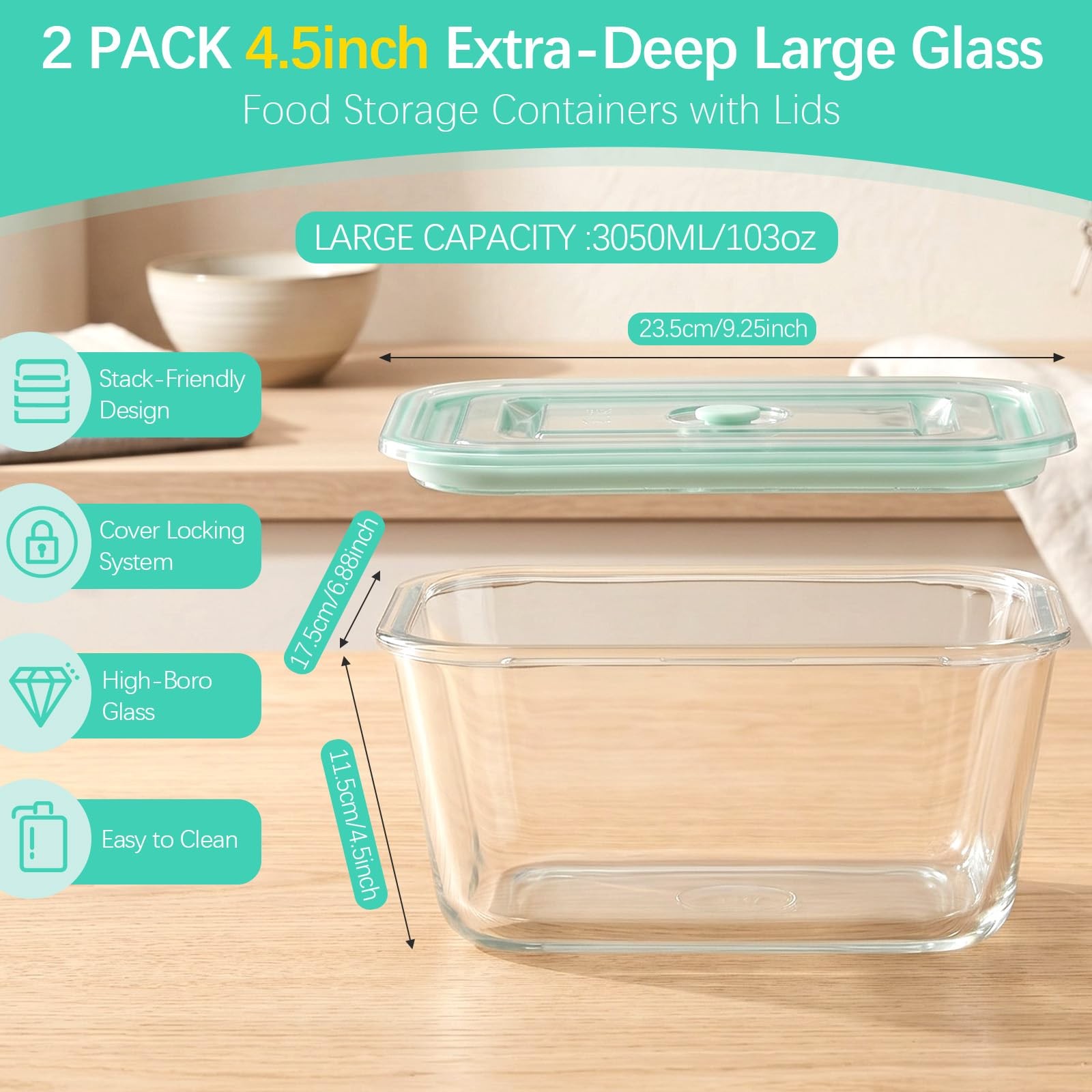 2 Pack 103 Oz/3000ml Extra Large Borosilicate Glass Food Containers with Airt…