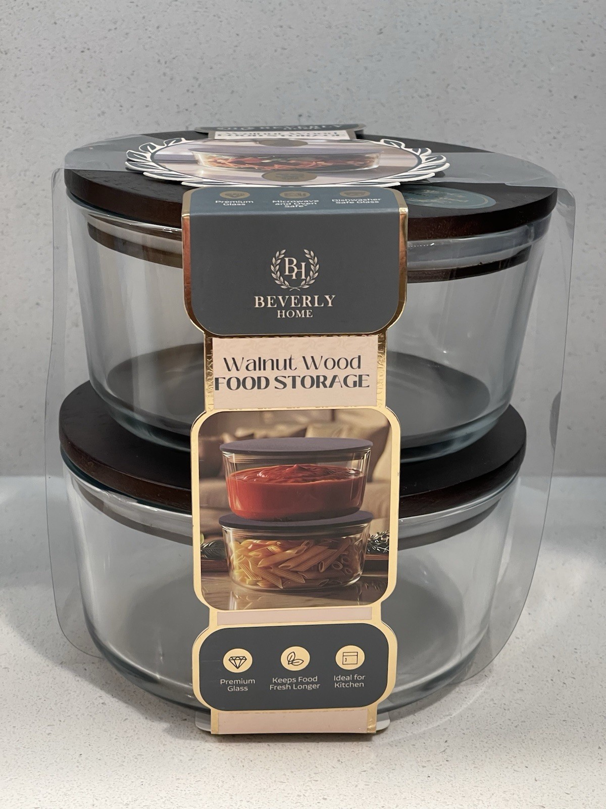 BEVERLY HOME WALNUT WOOD / GLASS FOOD STORAGE CONTAINERS 32 OZ 2 PC SET NEW