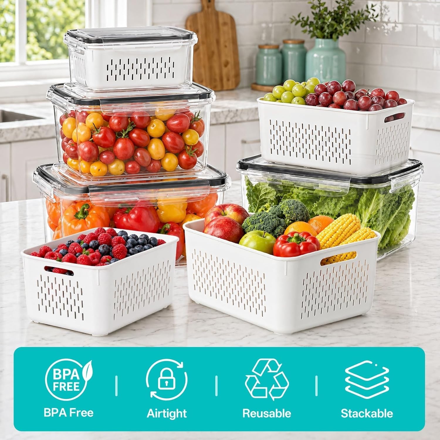 HOMETALL 4 Pack Fruit Storage Containers for Fridge Set, Produce Containers