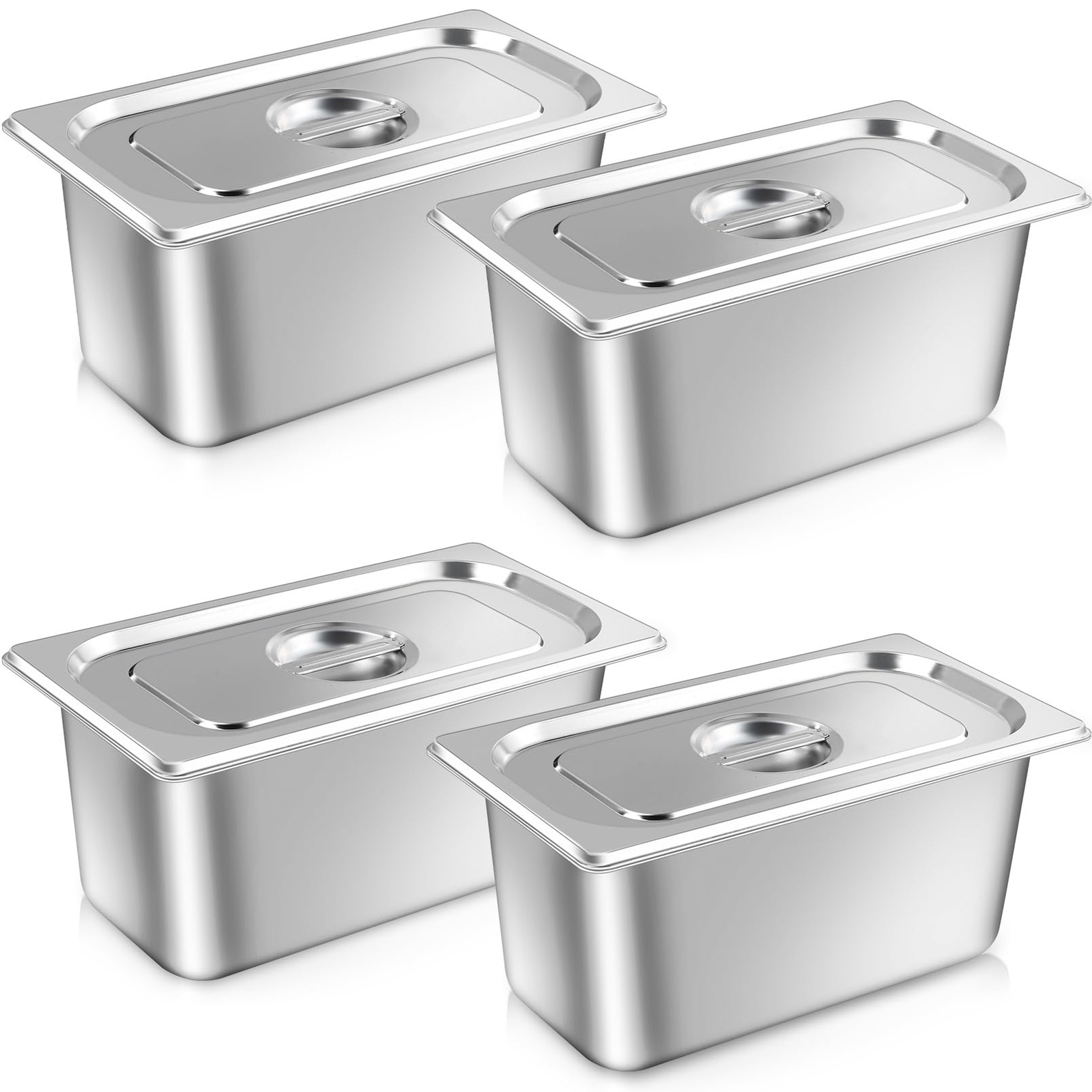 4 PCS 1/3 Size x 6 Inch Deep Stainless Steel Steam Table Hotel Pans Lids