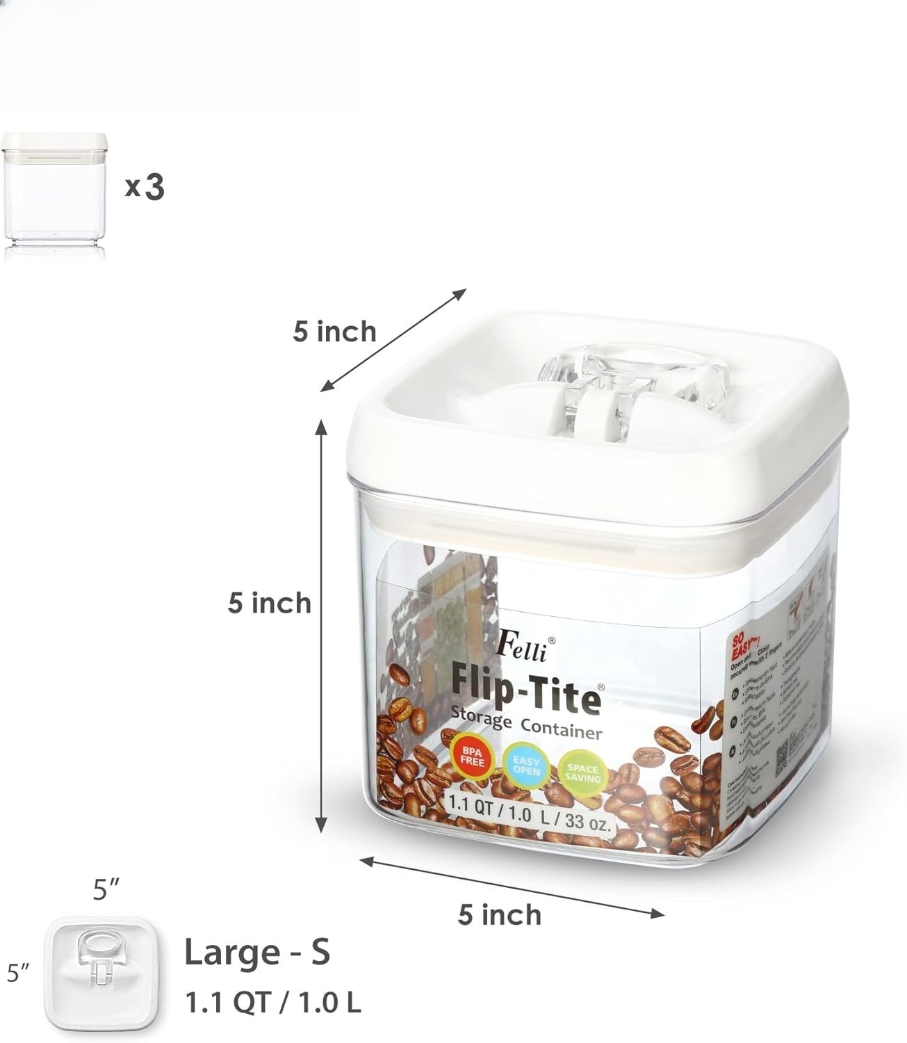 Flip Tite Food Storage Container 5″ LARGE Size Airtight Lid Lock Top