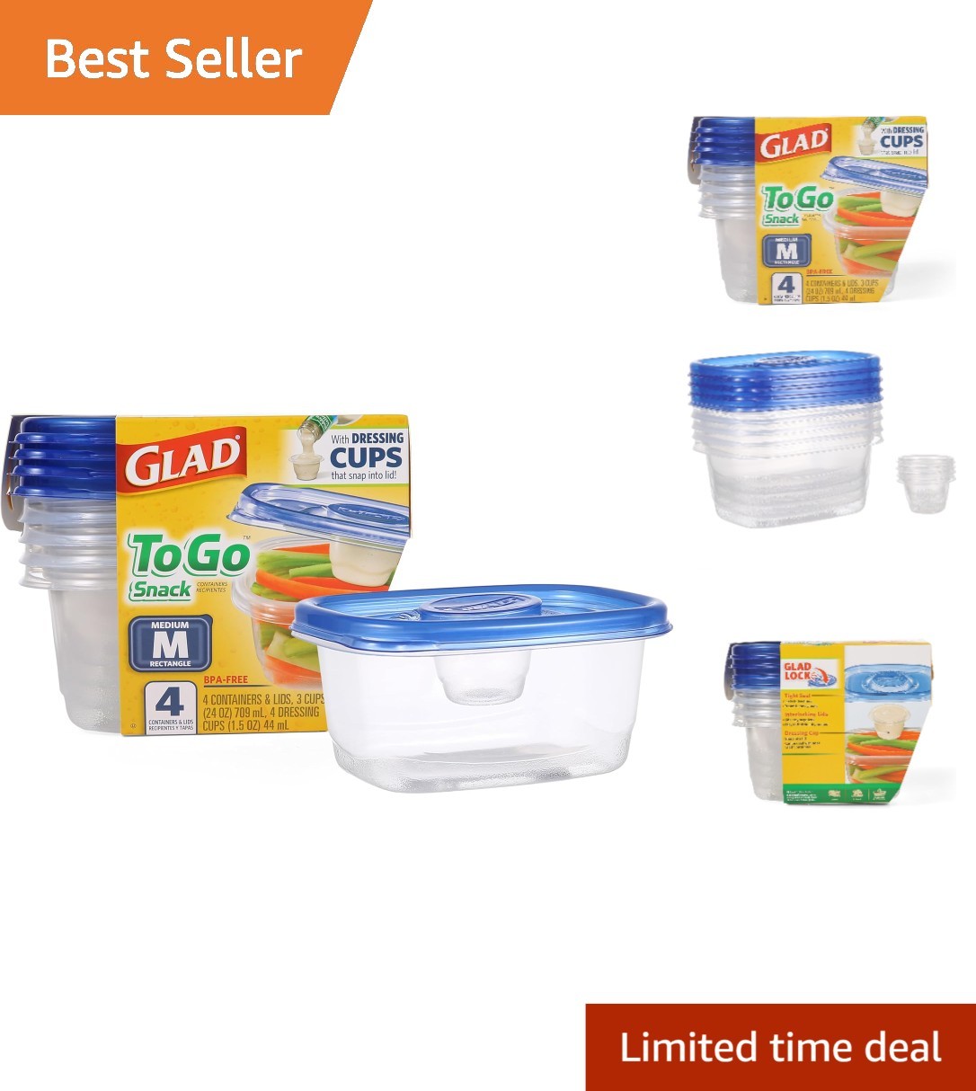 Ware To Go Snack Food Storage Containers 24 Oz with Built-In Dressing Cup