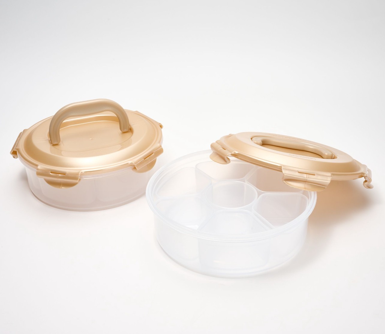 2 LocknLock Round Snack Appetizer Trays Food Containers & Lid K68409 GOLDEN SAN
