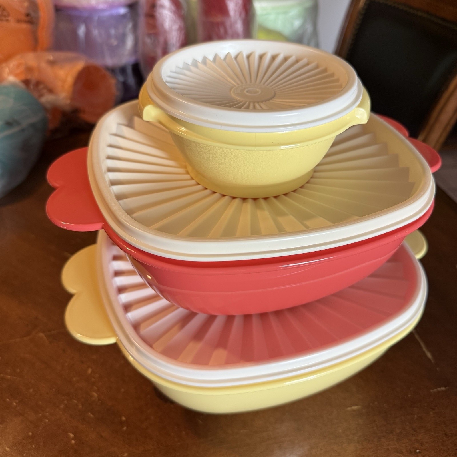 Tupperware Servalier Bowl Set Yellow Coral Kitchen Food Storage Fridge Serving