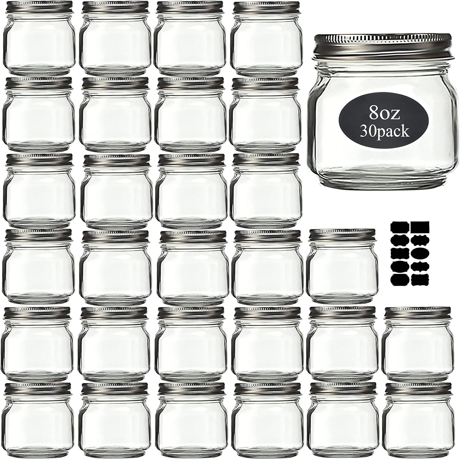 30 Pack 8oz Glass Food Storage Containers with Airtight Lids and Labels