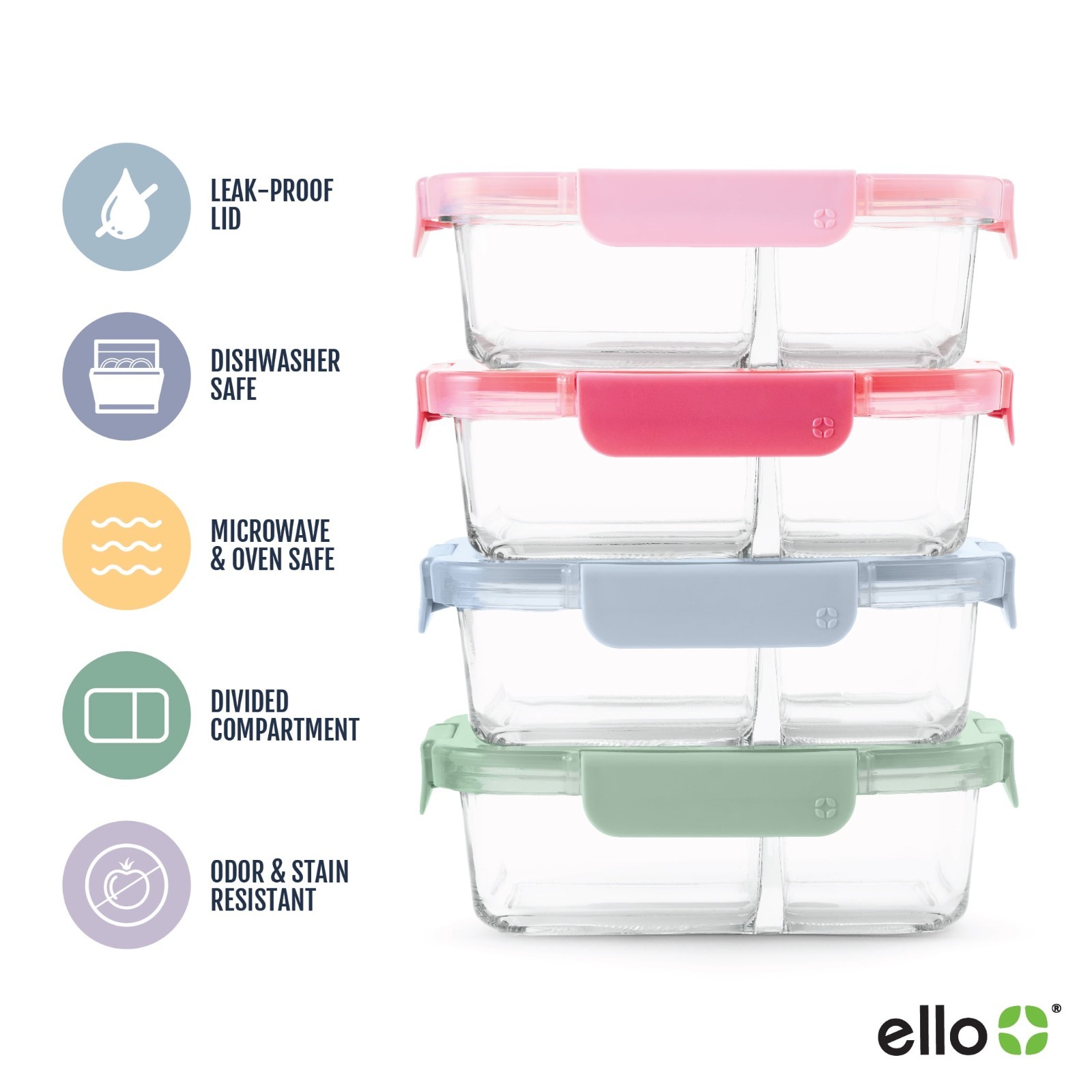 2Pack Ello Color Lock Glass Meal Prep Set 8Pc 3.4Cup Divided Food Storage Set