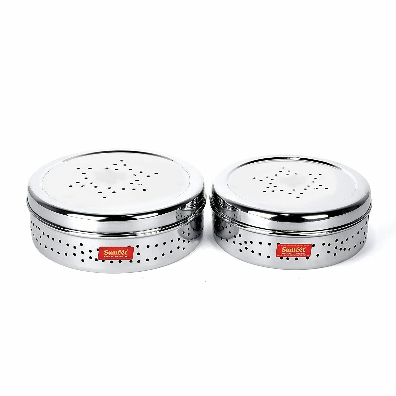 Stainless Steel Hole Puri Dabbas/Flat Canisters with Air Ventilation Set of 2