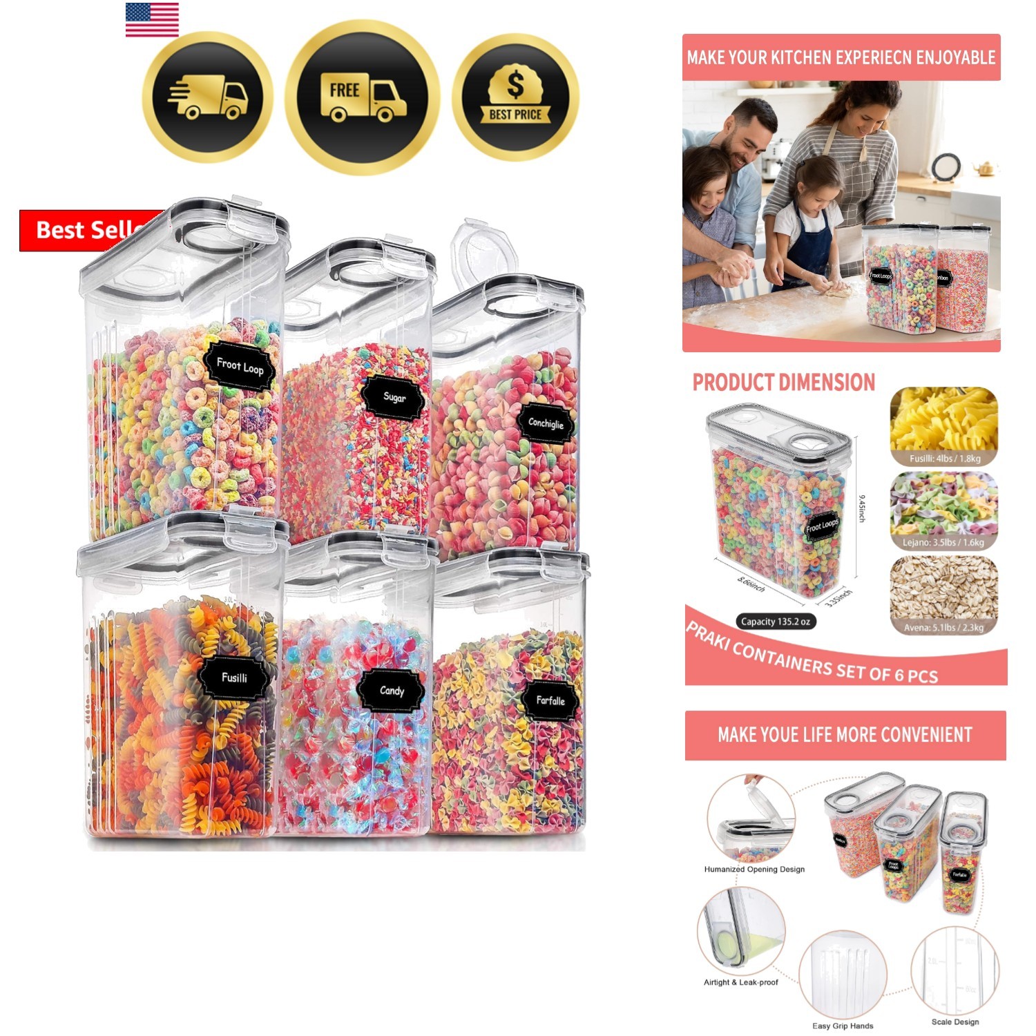 Large Dry Food Storage Containers with Lids, 6PCS Airtight Cereal Containers …