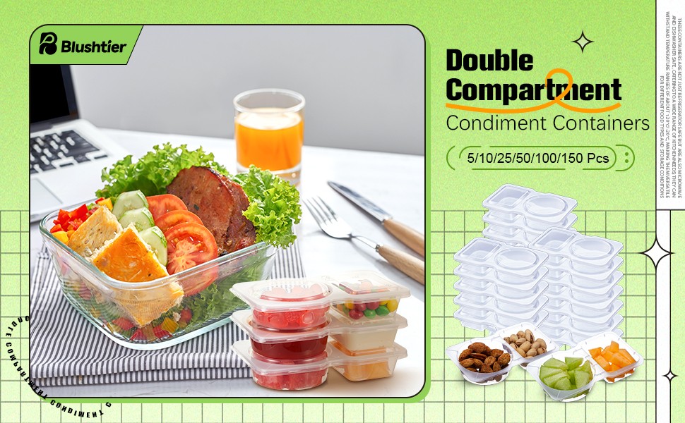 10 Pcs Pack Snack Containers with Lids, 5 oz Double Compartment Plastic Food