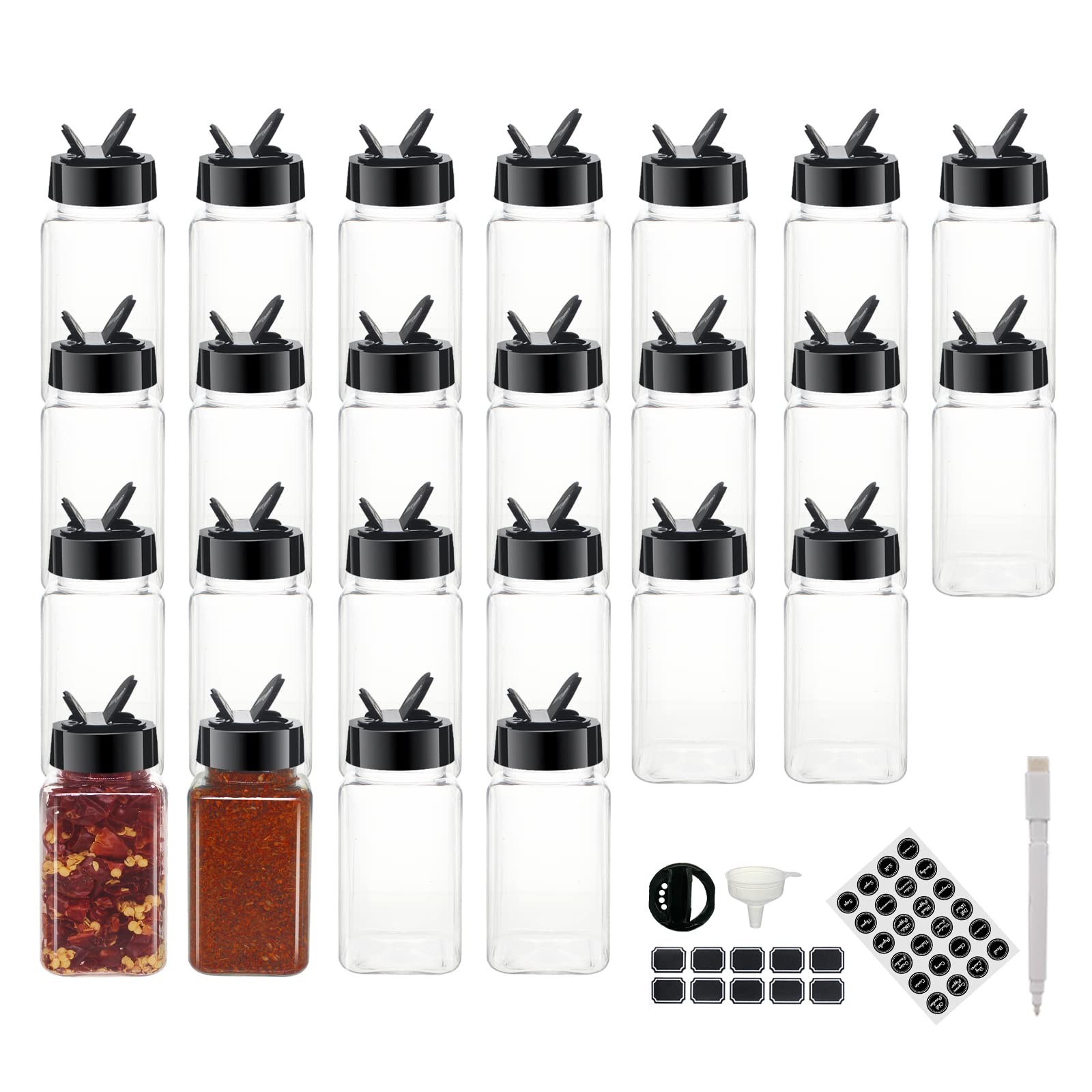 24 Pack 4oz Clear Plastic Spice Jars With Black Plastic Lids, Square Spice