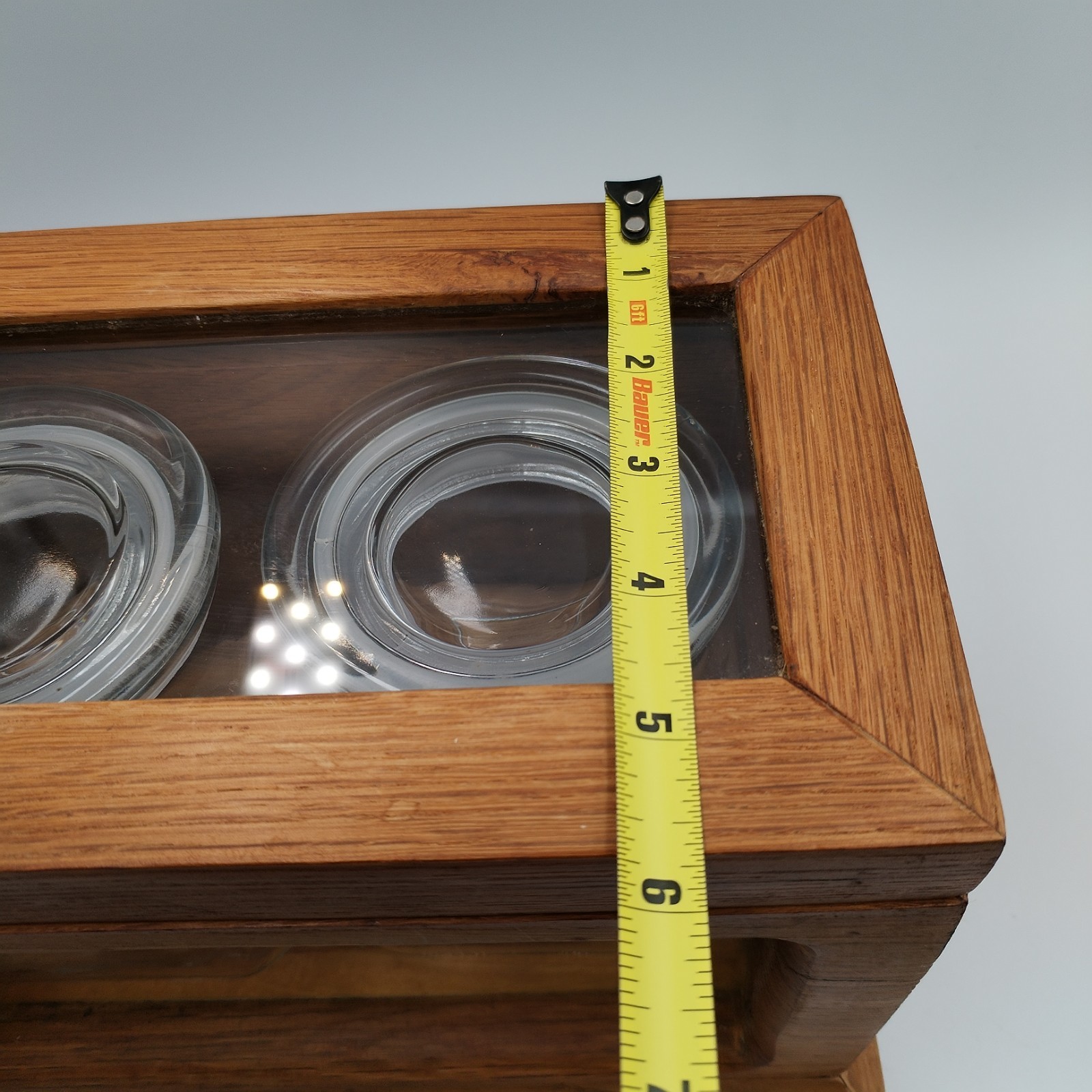 Vintage Wood Glass Display Caddy Box with 2 Clear Glass Canister Jars Retro