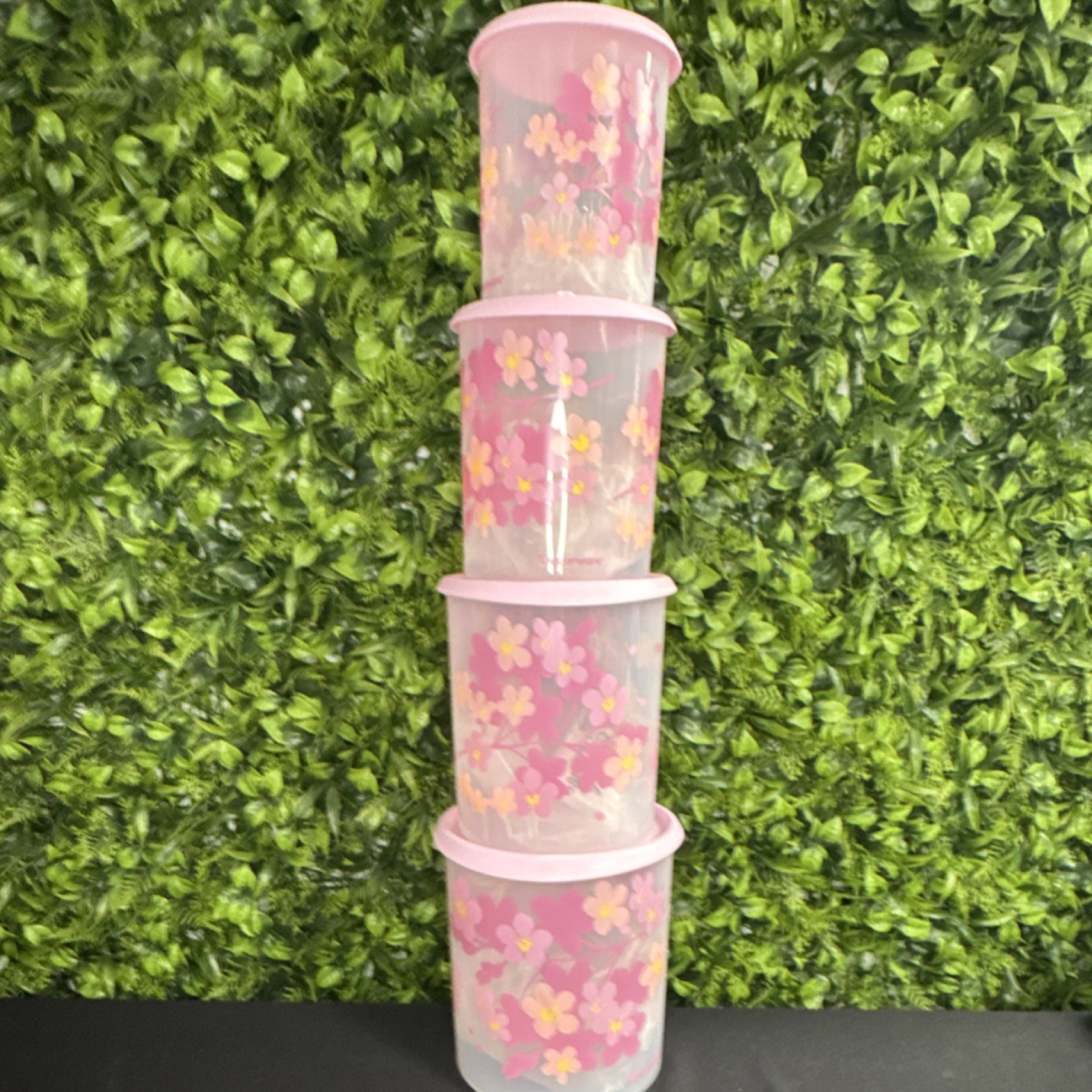 Tupperware Pink Floral Round Storage Set 4pcs Snap Lids Stackable 1,2,3 & 4L
