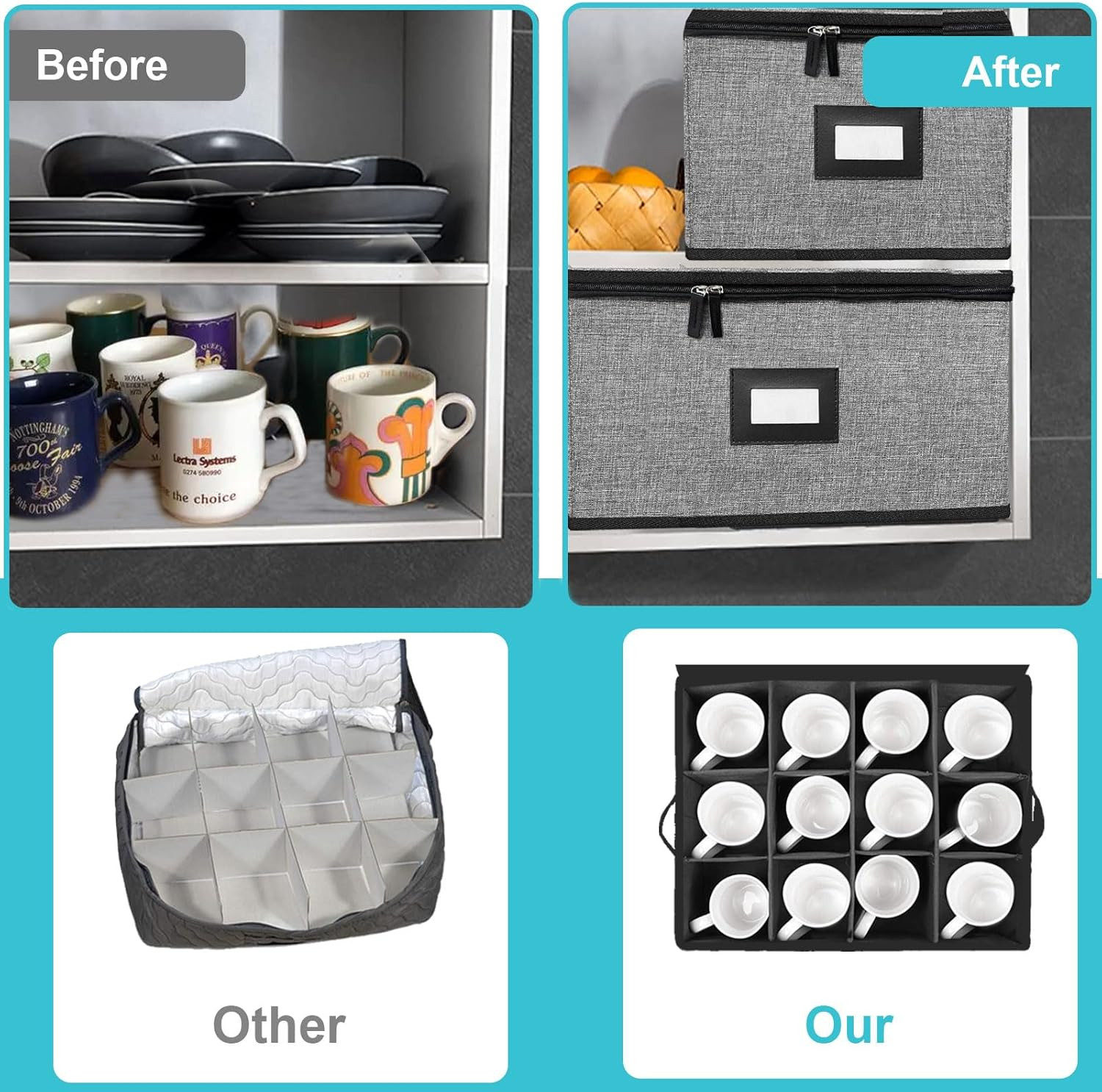 5-Pack Quilted Dish Storage Boxes for 48 Plates & 12 Cups – Grey