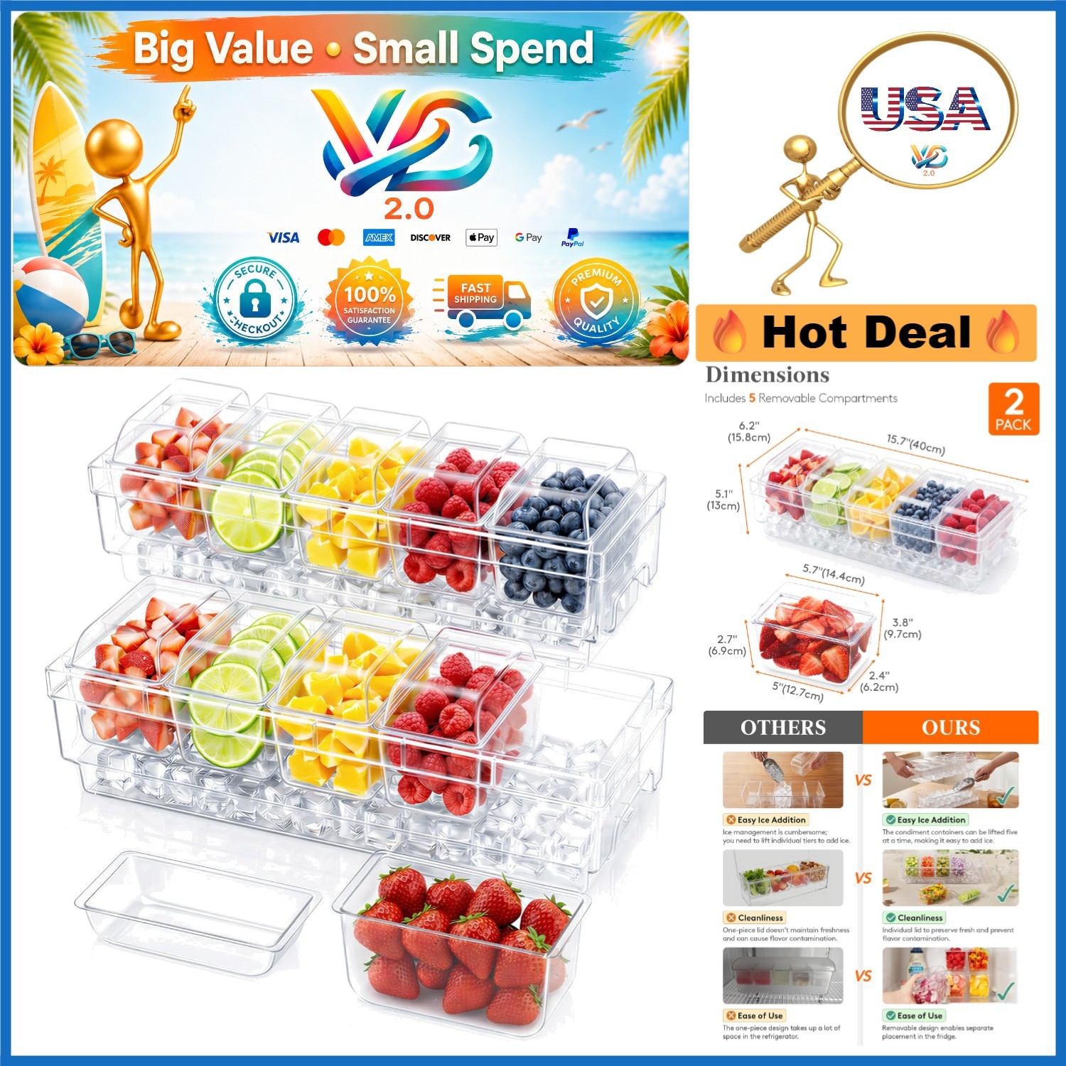 Lifewit 2-Piece Condiment Caddy Set Ice Garnish Tray for Party Food Fruits Salad