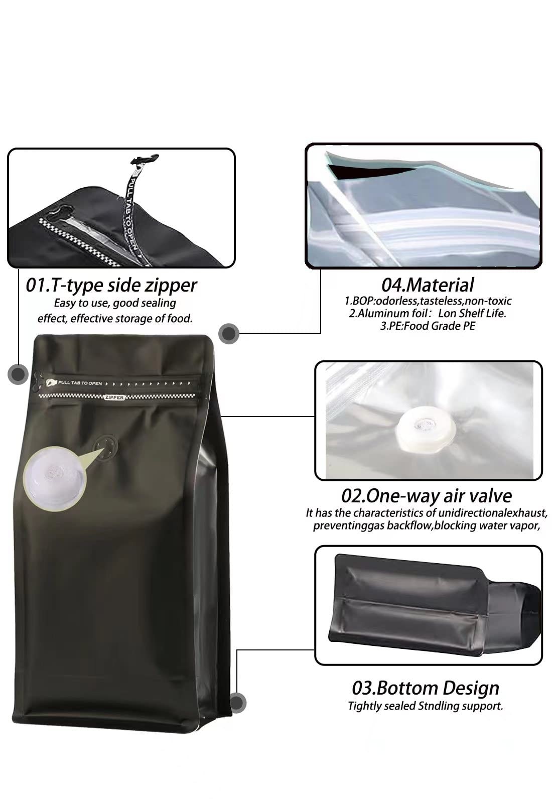 DMpcakDM Coffee Bags with Valve(16 oz,1 lb,50pcs) Black High Barrier Aluminum…
