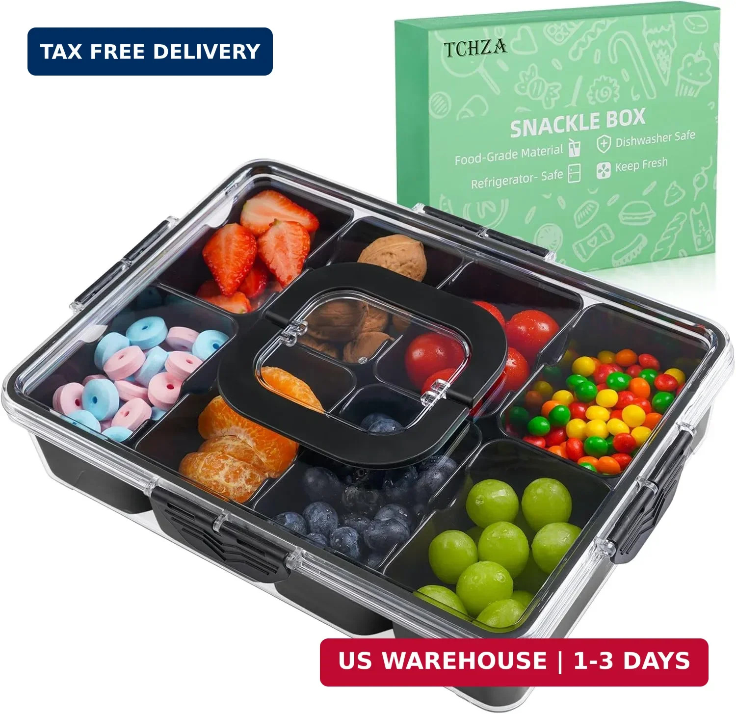 Snackle Box Container, Dishwasher Safety – Divided Serving Tray with Lid and Han