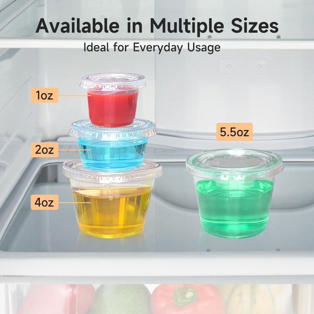 120 Sets – Small Plastic 1oz Condiment Cups with Lids, Portion for Clear