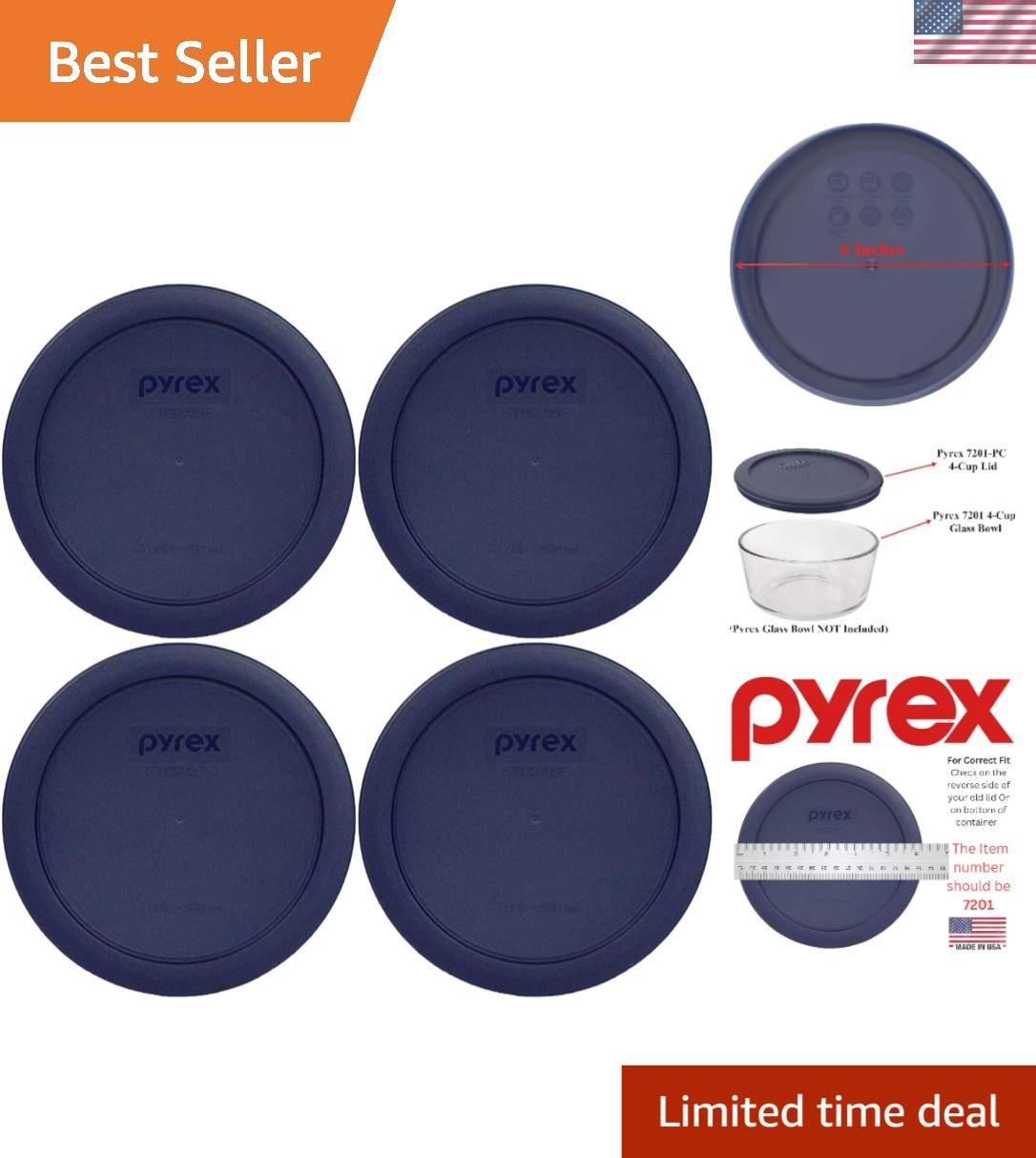 4-Pack BPA-Free Blue Food Storage Lids for 7201 Glass Bowls – Made in USA