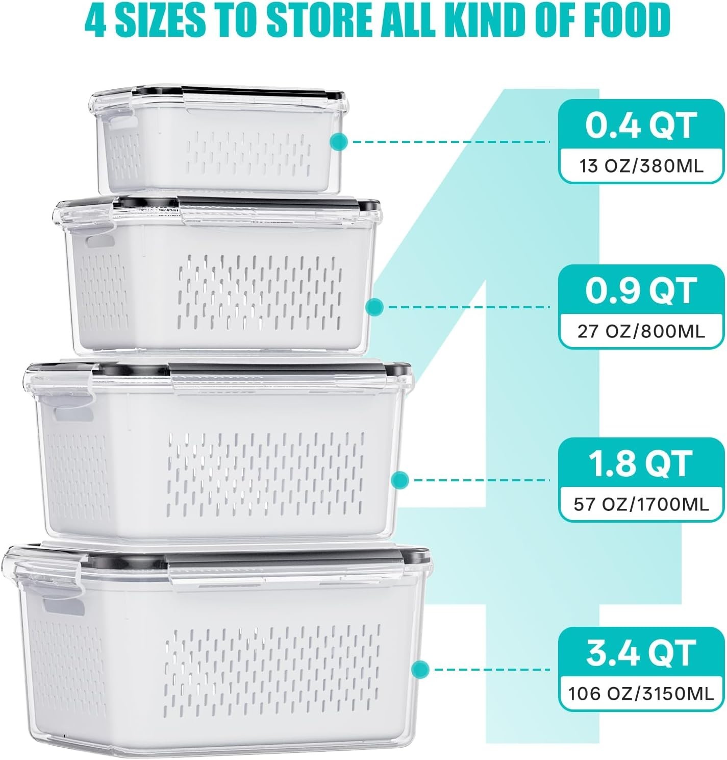 Fruit Storage Containers for Fridge 4 Pack Produce Saver Berry Salad Lettuce Set