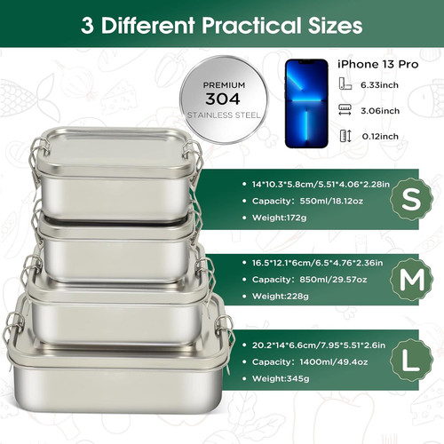 LEEPENK 304 Stainless Steel Lunch Box and Food Containers with Lids 4 Pack…