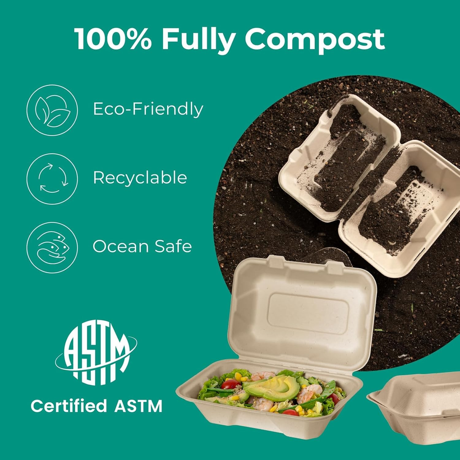 Fit Meal Prep 100 Pack 9×6 Compostable To Go Food Containers, Disposable To Go B