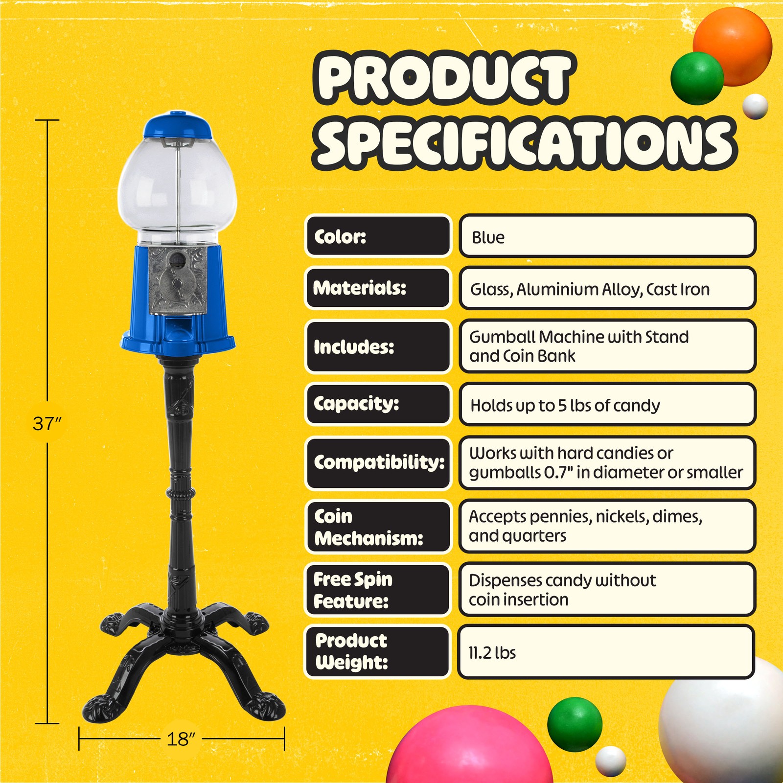 15” Gumball Machine Bubble Gum Machine Candy Dispenser Vending Machine