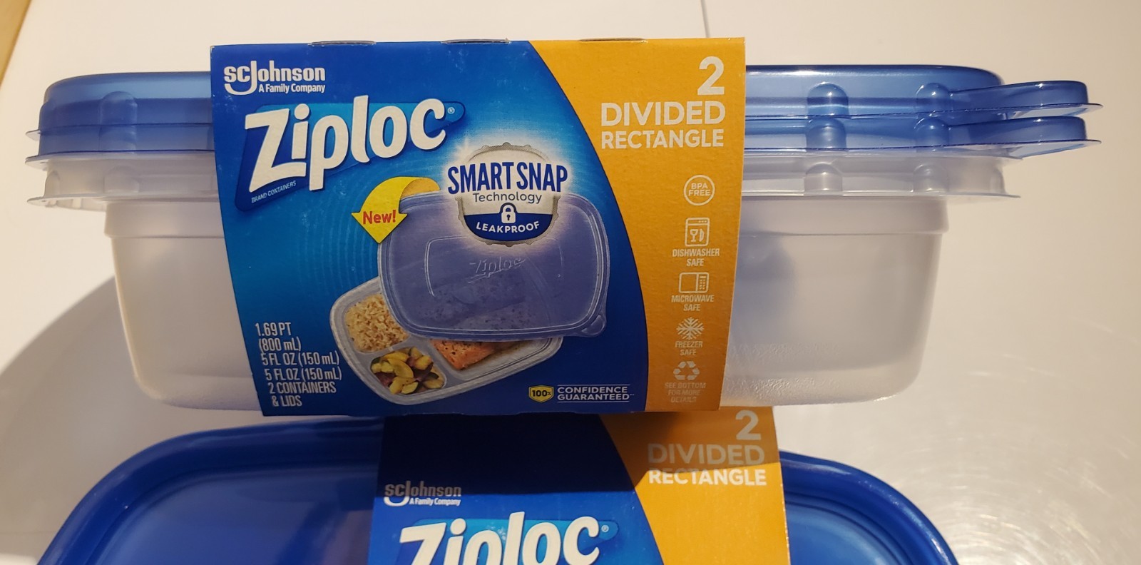 NEW 2 pks/2 ea Ziploc Divided Rectangle Food Storage Containers + Lids 5fl oz.