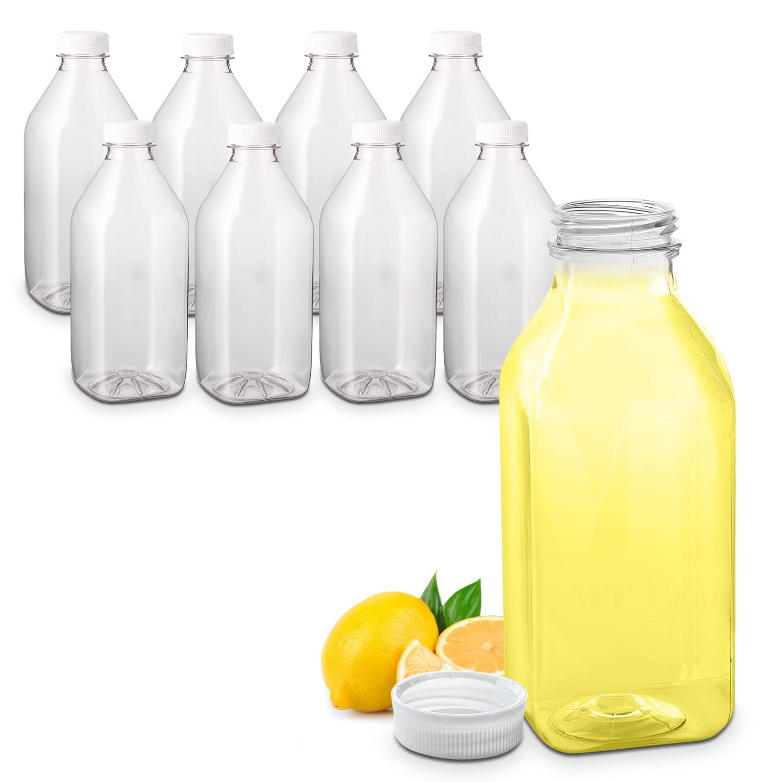 32 oz Clear Plastic Juice Bottles with Tamper Evident Caps – 8 Pack – 1 Quart…