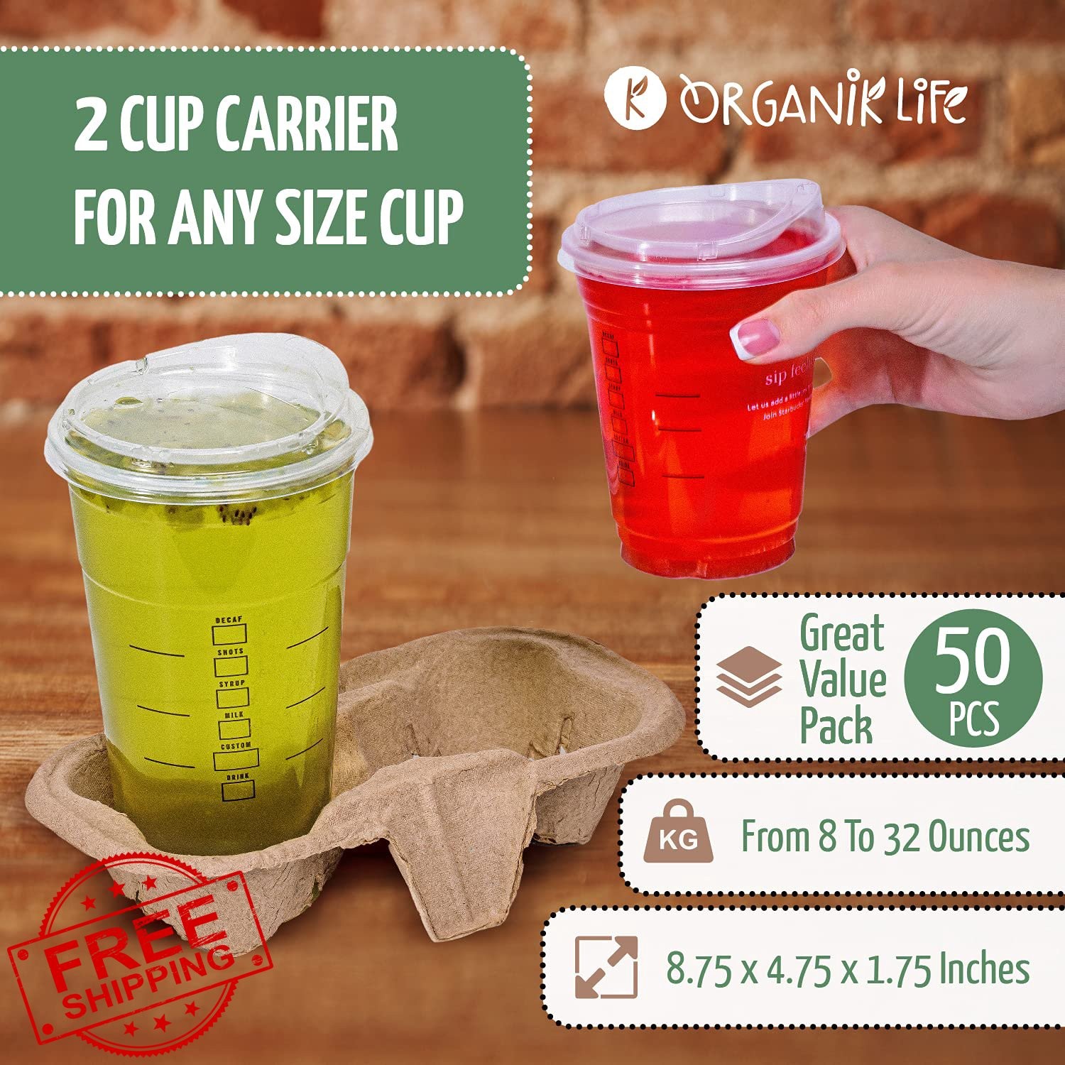 50pk 2 Cup Carrier Tray, No-Spill Disposable Drink Holder