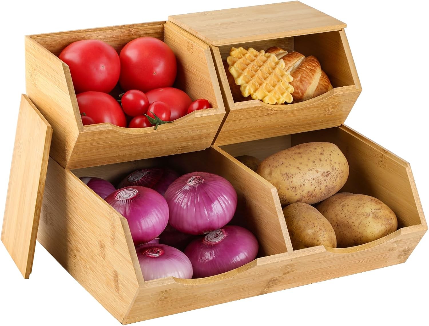 Bamboo Pantry Storage Bins with Lid – Stackable Kitchen Baskets, 3-Piece Set