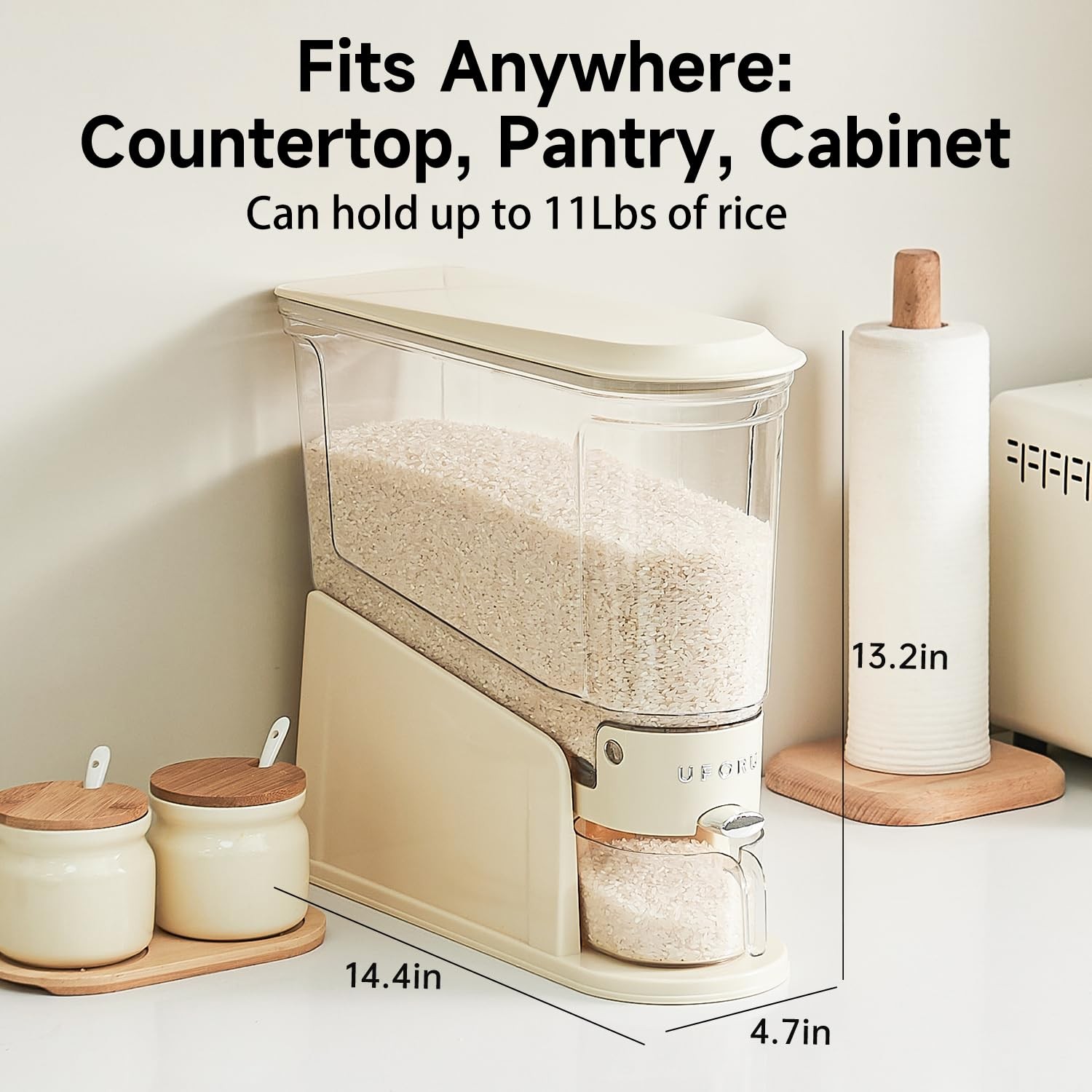 Rice Dispenser 11 Lbs Slim Storage Container Clear Dry Food Cream White