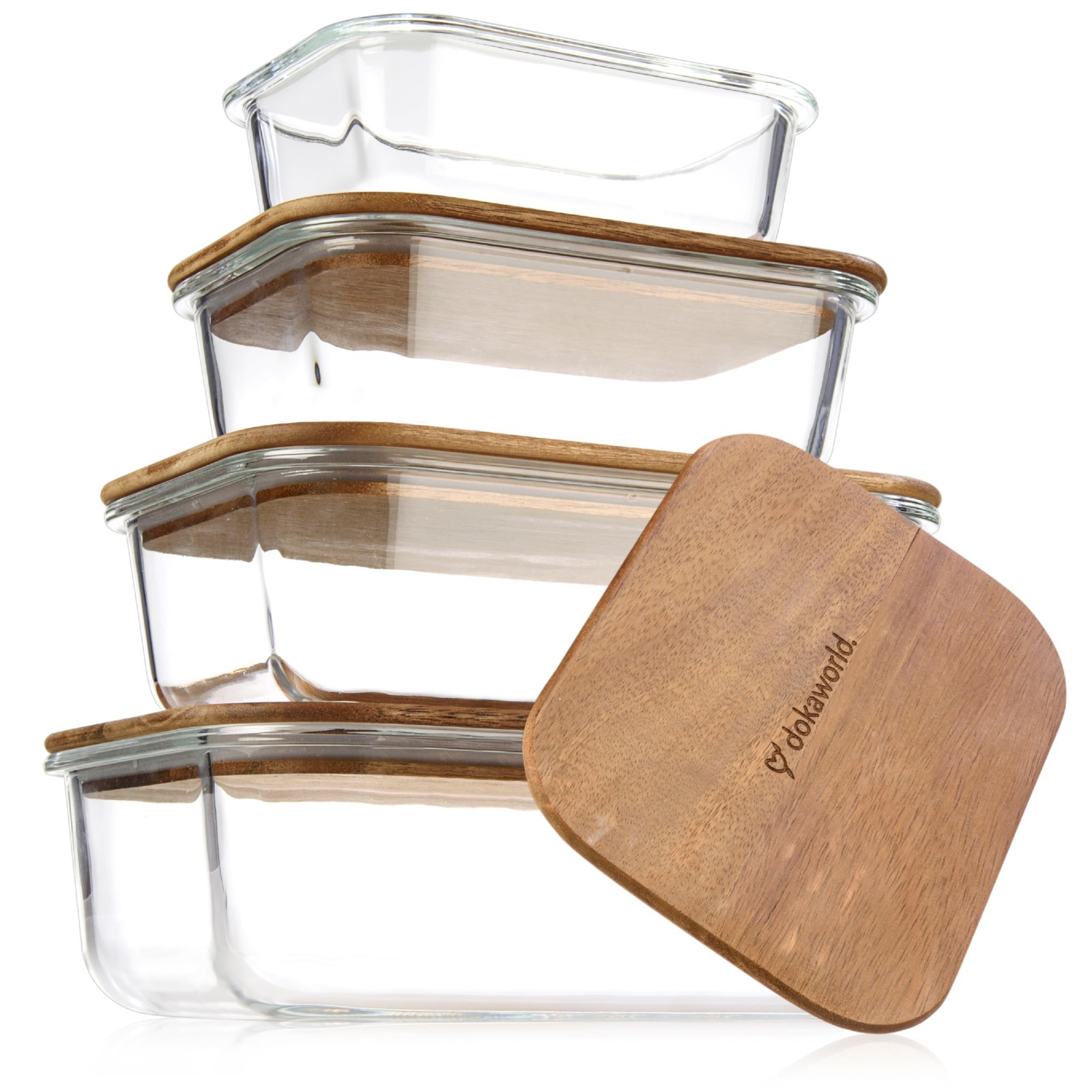 Glass Container Set with Acacia Lids – 4 Stackable Meal Prep Containers. Dura…