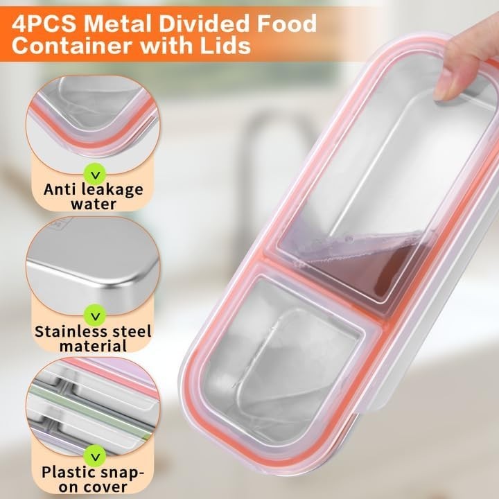 4 Pack Stainless Steel Snack Containers with Lids, 3-Compartments Reusable Lu…