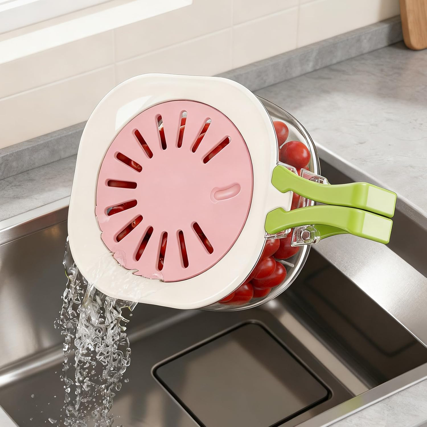 Colander Strainer Fridge Organizer Storage Container with Switchable Lid, Fruit
