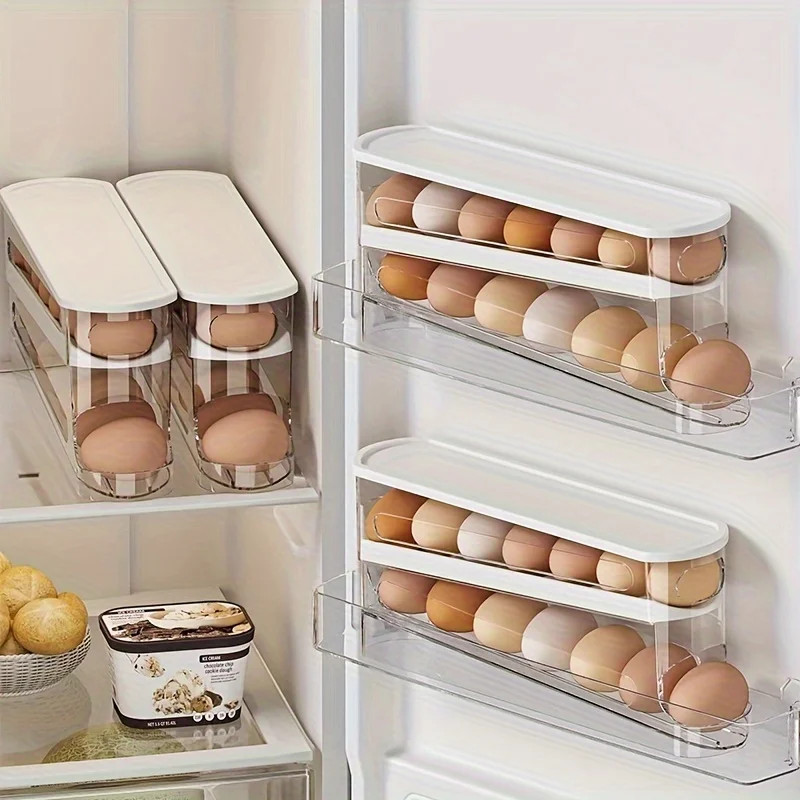 Double Layer Automatic Rolling Egg Storage Container 12-14 Eggs Hinged Design PP