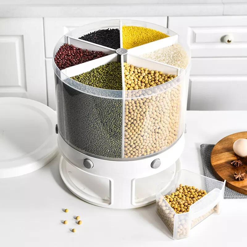 6 Slots Rice Grain Cereal Dispenser 22Ibs Kitchen Dry Food Storage Container