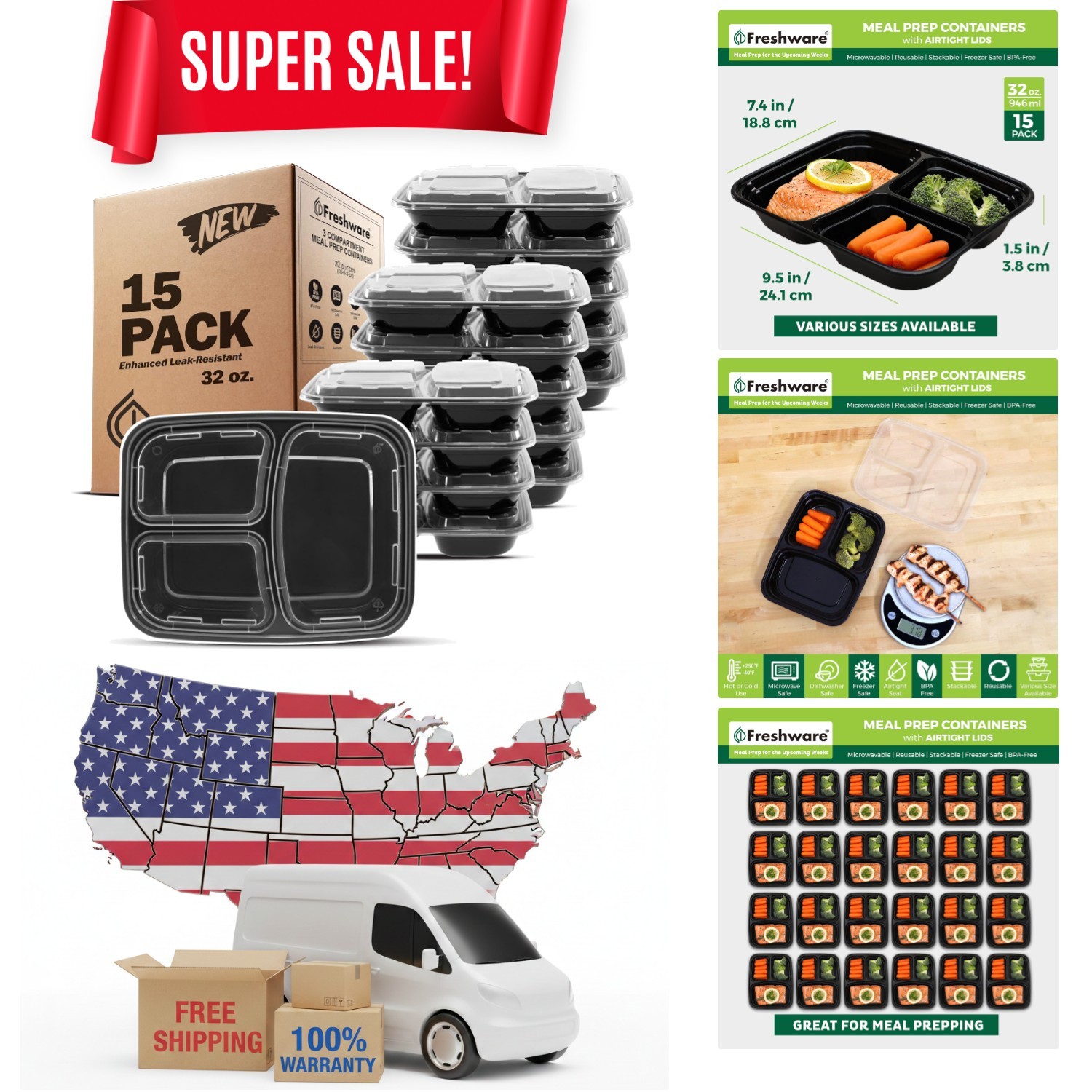 Microwave & Freezer Safe Meal Prep Containers – 15 Pack BPA Free 3-Cup Design
