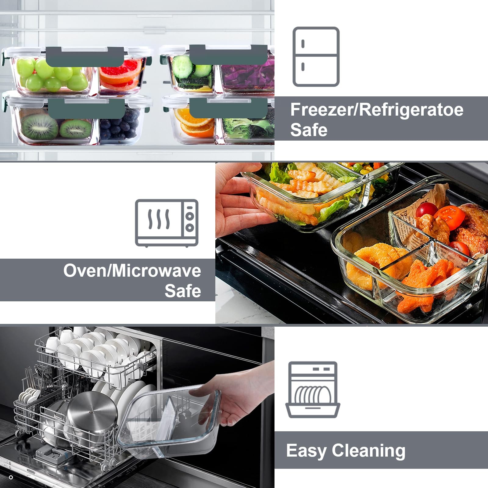 5 Pack Glass Meal Prep Containers 3 Compartment Set, 36OZ Airtight Glass Lunc…