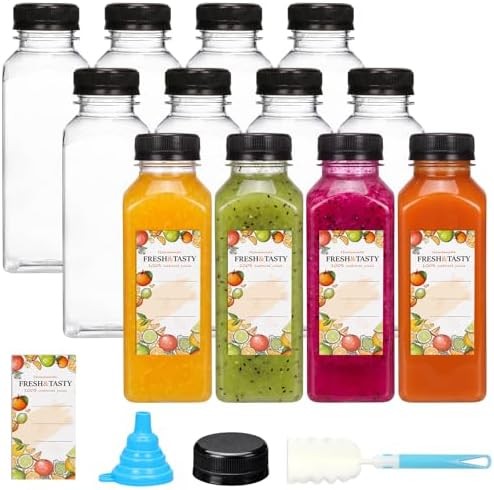 TOMNK 12pcs Juice Bottles, 12oz Reusable Plastic Juice Containers Bottles with C