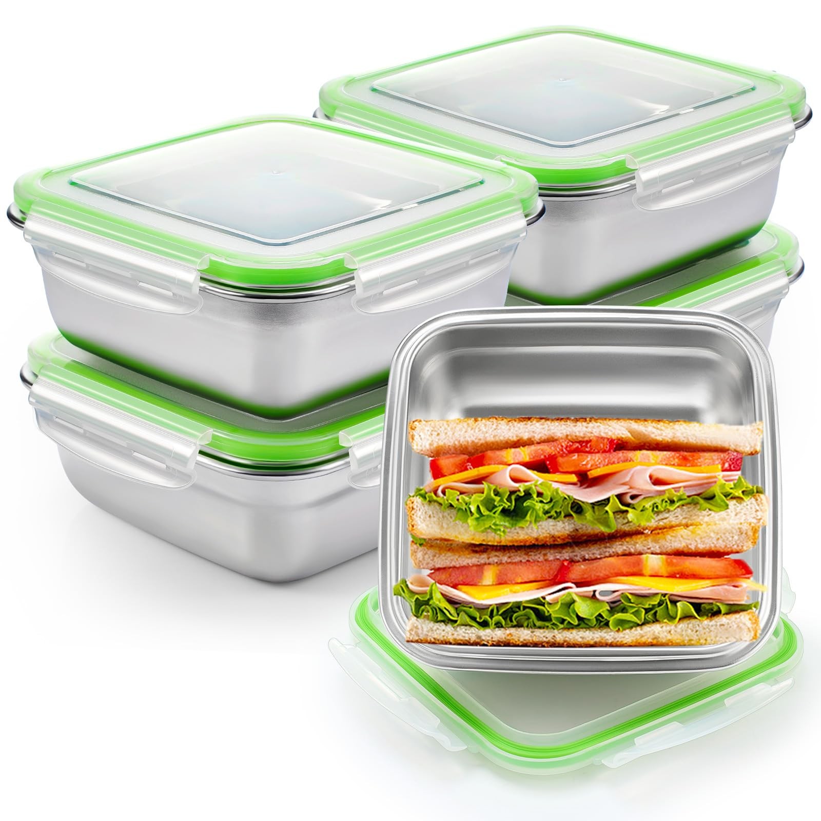 4 Pack Food 304 Stainless Steel Sandwich Containers, Leakproof Metal Lunch Co…