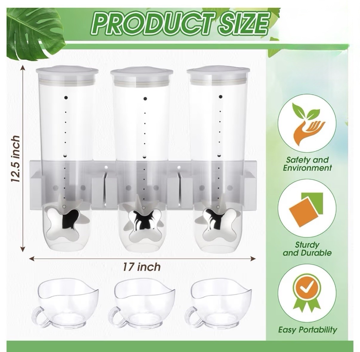 3 Pcs Cereal Dispenser Wall Mounted 4.5L Triple Candy Machine Grain Coffee
